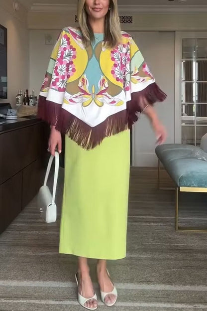 Boho Ethnic-style Floral Pattern Tassel Trim Loose Cape Top