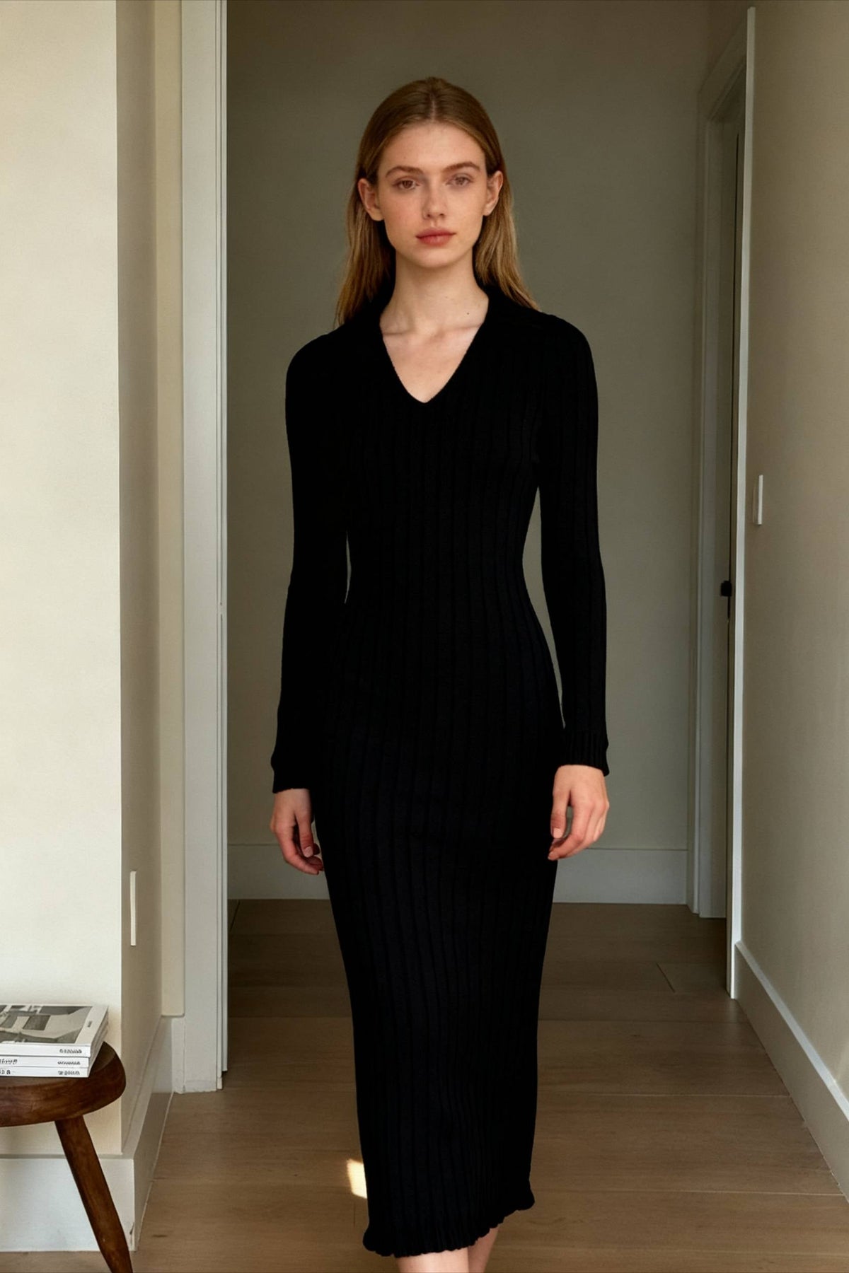 Solid Ribbed Knit Split Thigh Dress