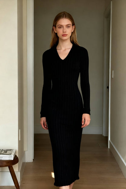 Solid Ribbed Knit Split Thigh Dress