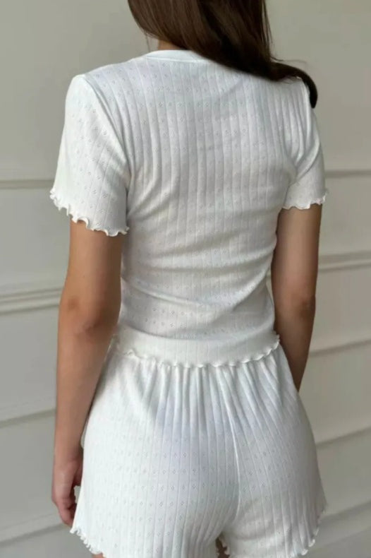 Jacquard Frill Trim Round Neck Short Sleeve Shorts Set