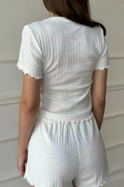 Jacquard Frill Trim Round Neck Short Sleeve Shorts Set