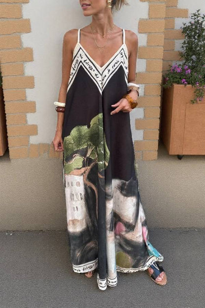 Unique Ink Flower Print Suspender Maxi Dress
