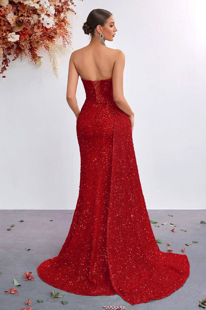 Sequin Strapless High Waist Slit Prom Dress
