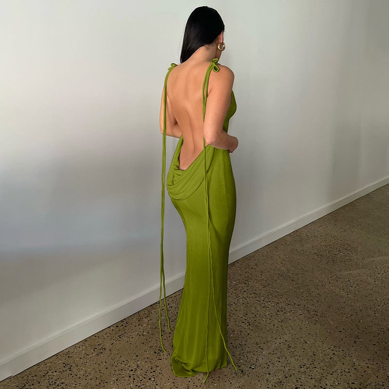 Rib Knit Tie Strap Cowl Back Side Cutout Column Maxi Dress