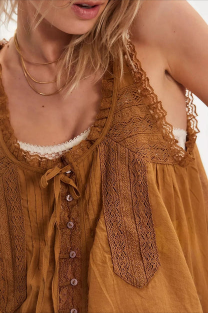 Patchwork Lace Sleeveless Top Boho Pants Set