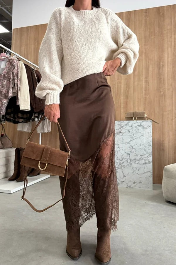 Antara Satin Lace Patchwork High Rise H-line Maxi Skirt