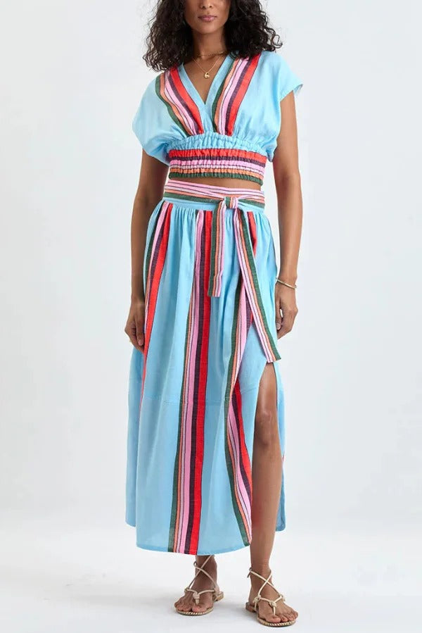 Stylish Striped Print V-neck Cropped Top and Elastic Waist Casual Maxi Skirt Set