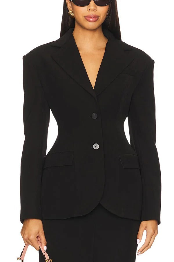 Chic Holiday Look Padded Shoulder Fitted Waist Long Sleeve Pocket Lapel Blazer