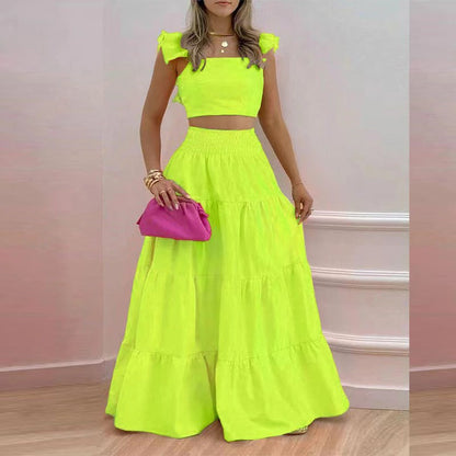 Summer Elegant Sexy Solid Color Mid Waist Sling Large Swing Two Piece Suit