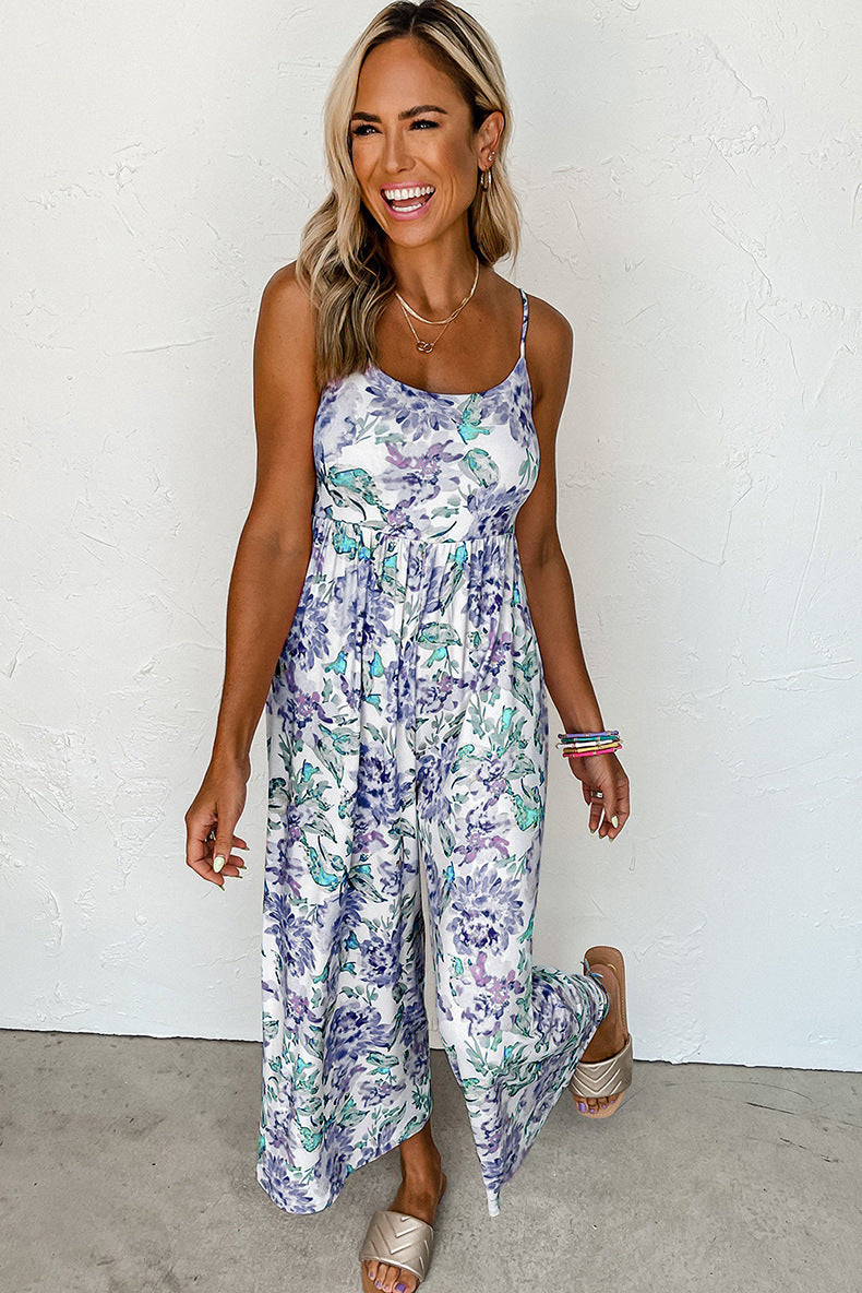 Summer High Waist Wide Leg Jumpsuit Women Floral Strap Backless Jumpsuit Women