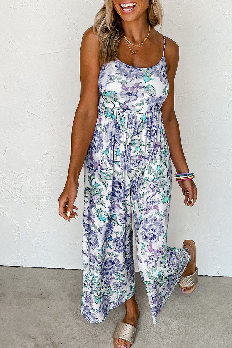 Summer High Waist Wide Leg Jumpsuit Women Floral Strap Backless Jumpsuit Women