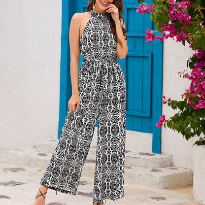 Women Hanging Neck Waist Siaman Pants Summer Bohemian Holiday Casual Wide Leg Pants