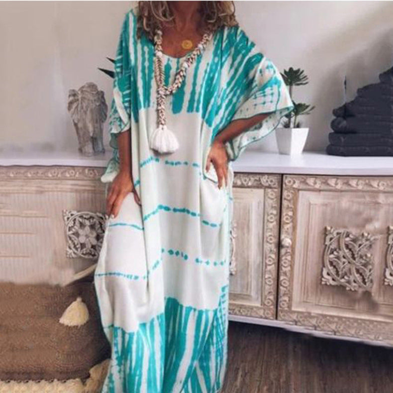 Summer Women Loose Round Neck Print Maxi Dress