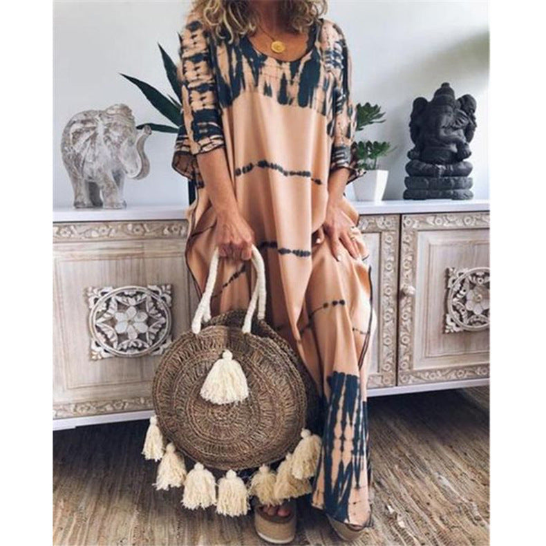 Summer Women Loose Round Neck Print Maxi Dress