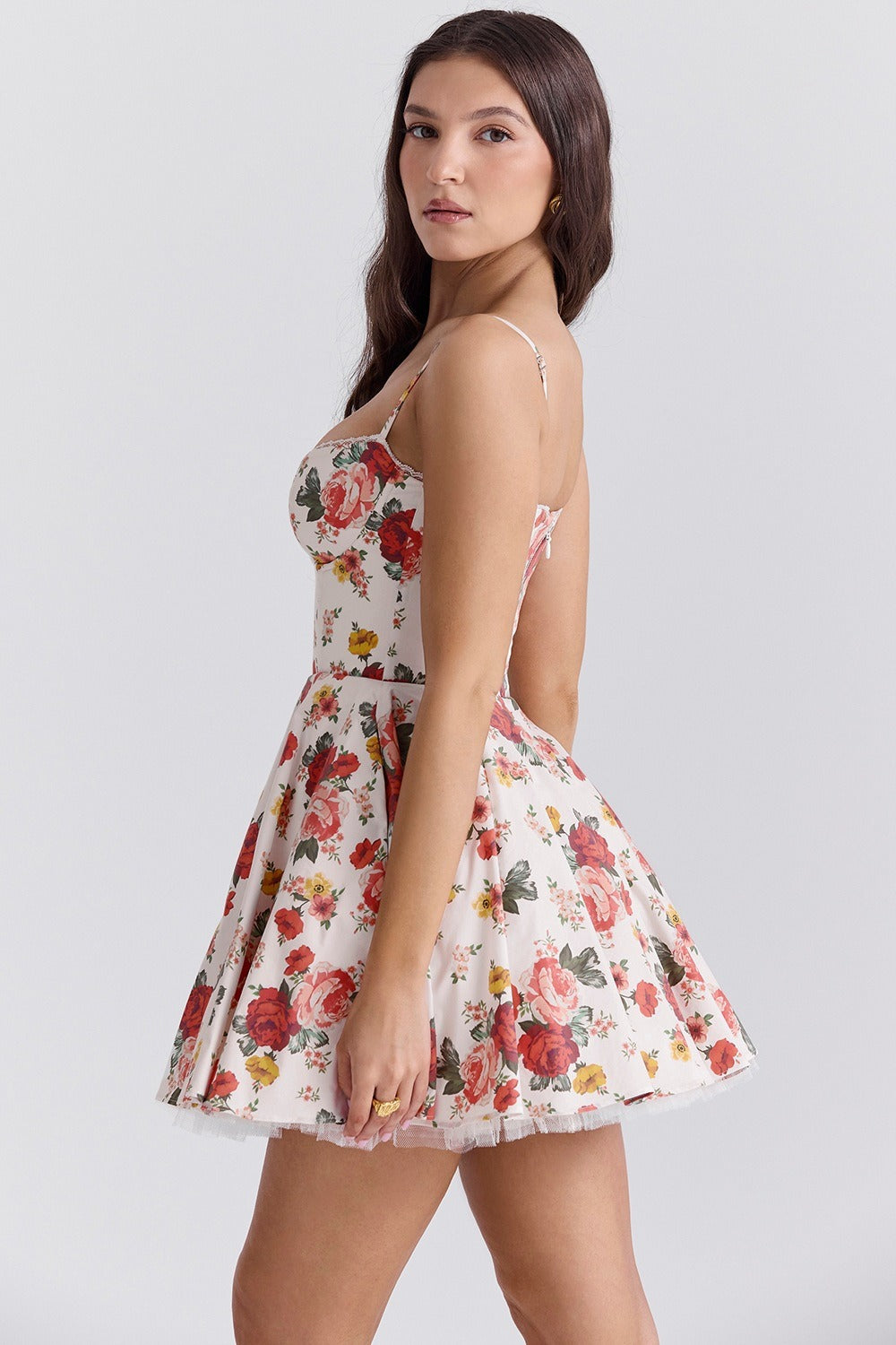 Satin Strap Tulle Puff Lace Trim Mini Floral Dress