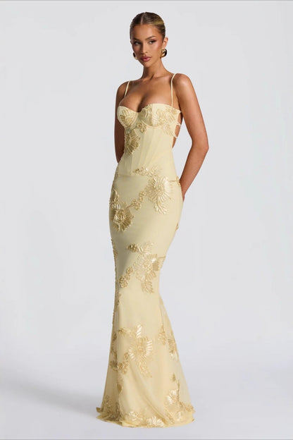 Floral Embellished Slip Gown Prom Dress