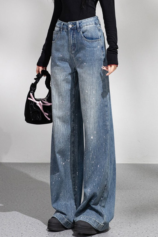 Sparkly Rhinestone Loose Wide Leg Jeans