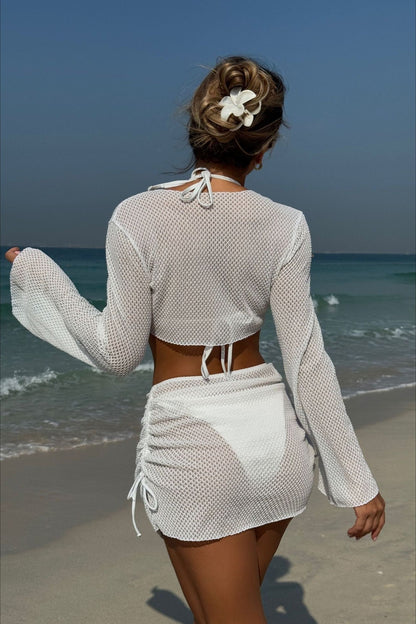 Solid Ruched Mesh Four Piece Swim Set