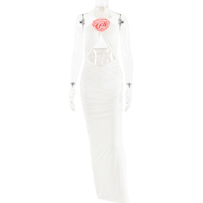 Halter Neck Rosette Applique Ruched Keyhole Cutout Bodycon Maxi Dress