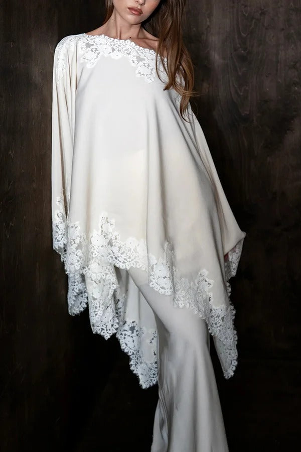 Like A Swan Lace Trim Off Shoulder Cape Top and Elastic Waist Draped Maxi Skirt Set