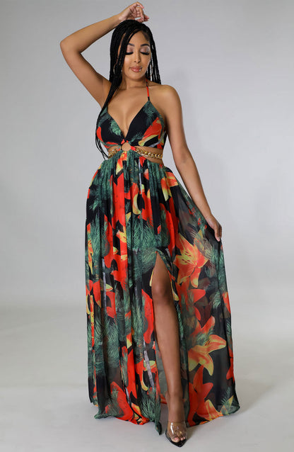 Women Clothing Floral Dress Slightly Mid Length Sling Dress French Printed Dress