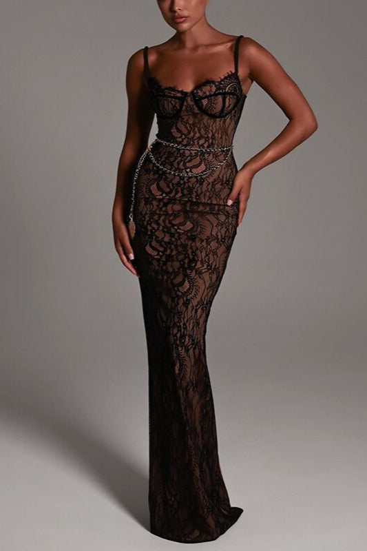 Lace Strappy Off-Shoulder Maxi Formal Dress
