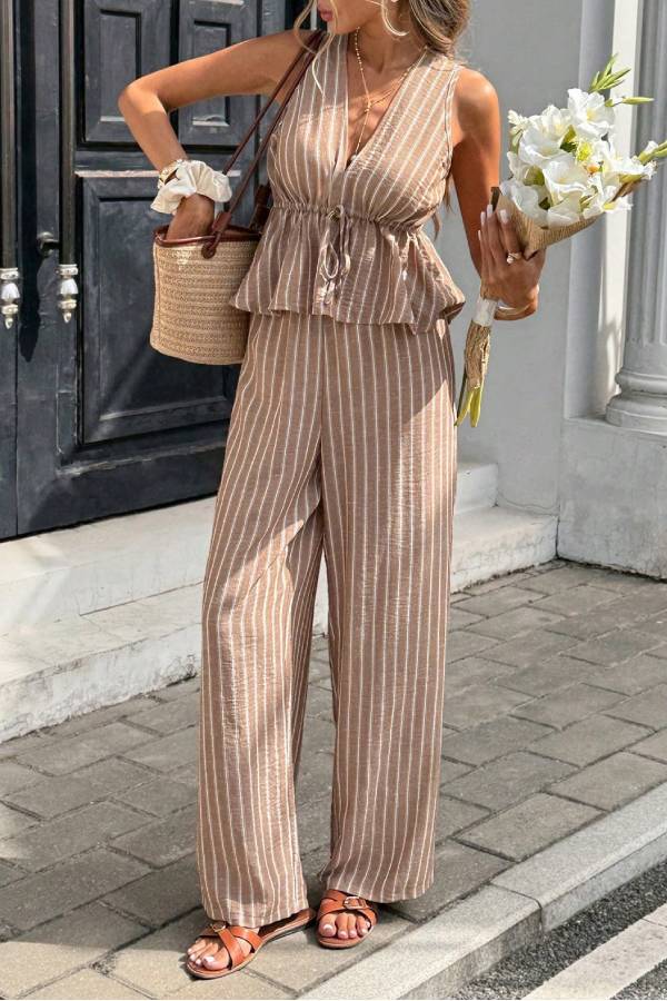 Resort Striped V-Neck Waisted Sleeveless Top & Wide-Leg Pants Set