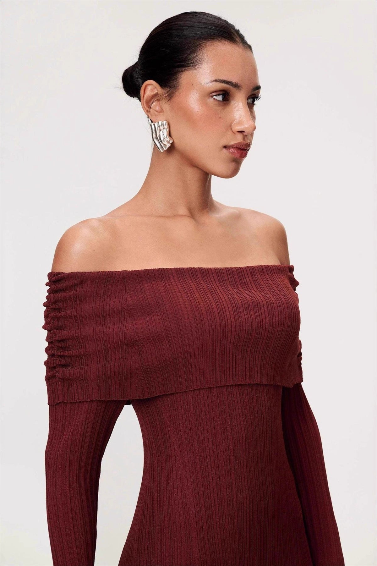 Solid Ruched Off-Shoulder Knit Bodycon Dress