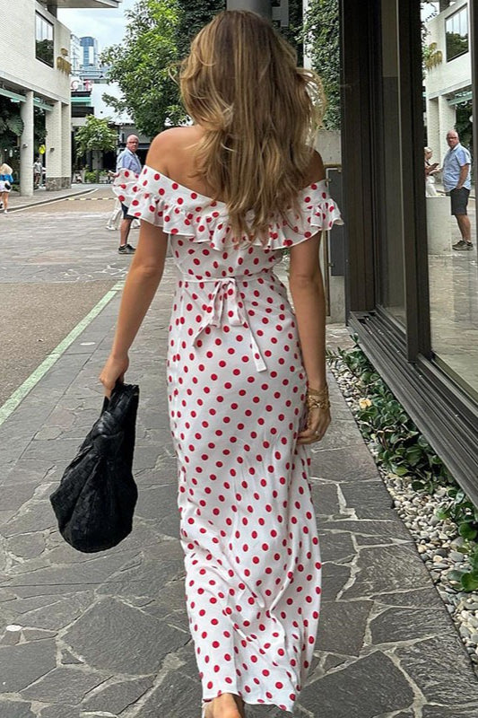 Polka Dot Ruffle Neck Cap Sleeve Bodycon Maxi Summer Dress