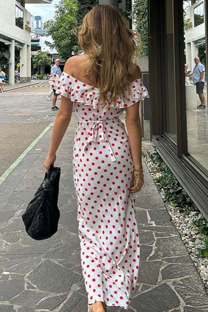 Polka Dot Ruffle Neck Cap Sleeve Bodycon Maxi Summer Dress