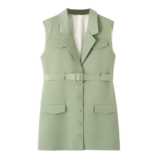 Fall Women Clothing All Match Solid Color Collar Single Breasted with Belt Pocket Long Vest