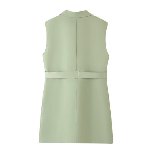 Fall Women Clothing All Match Solid Color Collar Single Breasted with Belt Pocket Long Vest