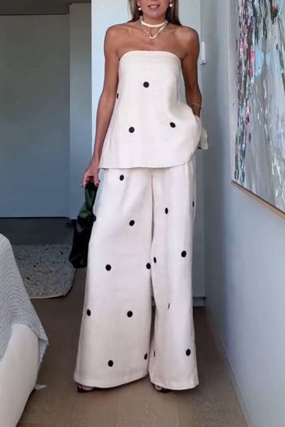 French Polka Dot Linen Tube Top & Wide-Leg Pants Set