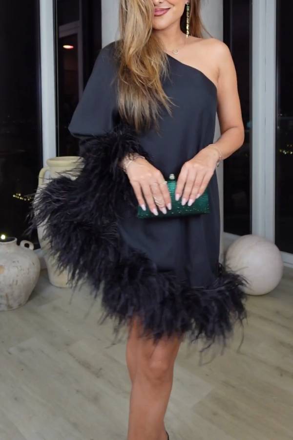 Black One Shoulder Trapeze Dress with Feather Trim