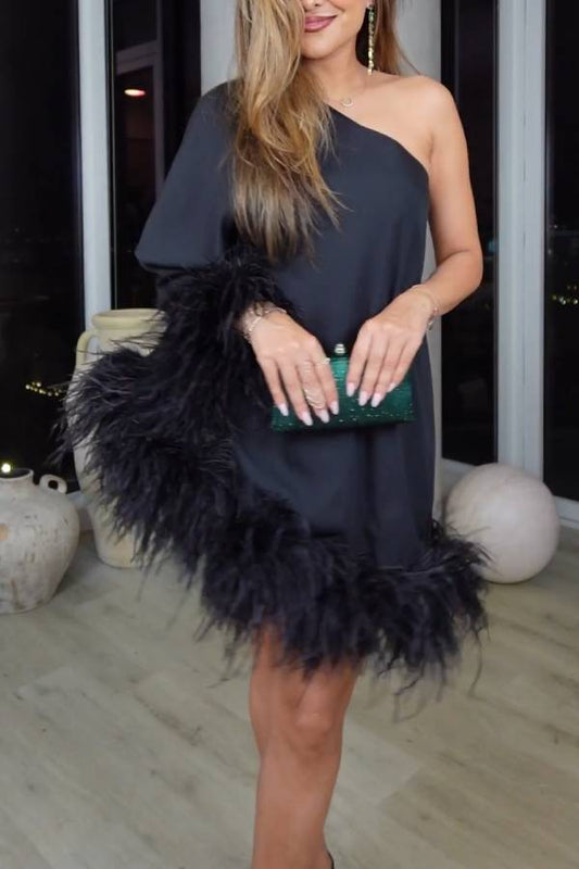Black One Shoulder Trapeze Dress with Feather Trim