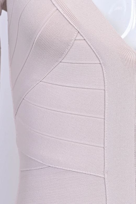 Cream Deep V-Neck Long Sleeve Center Panel Bandage Bodycon Mini Dress