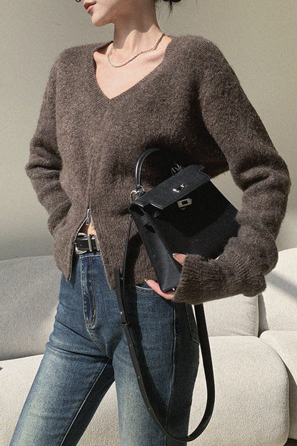 Brown V-Neck Soft Knit Top