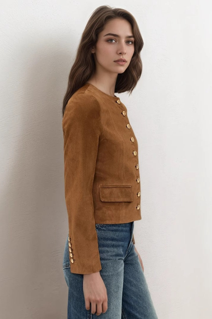 Metallic Button Cropped Suede Jacket
