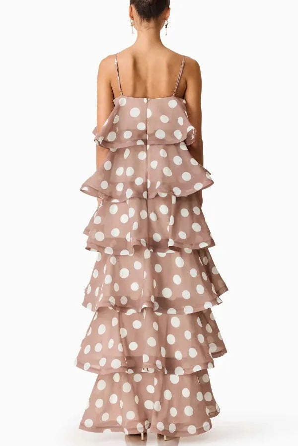 Polka Dot Print Layered Square Neck Suspender Casual A-line Maxi Dress