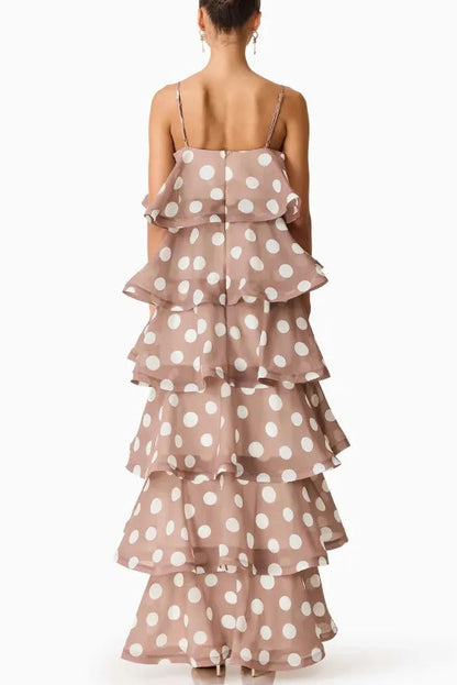 Polka Dot Print Layered Square Neck Suspender Casual A-line Maxi Dress