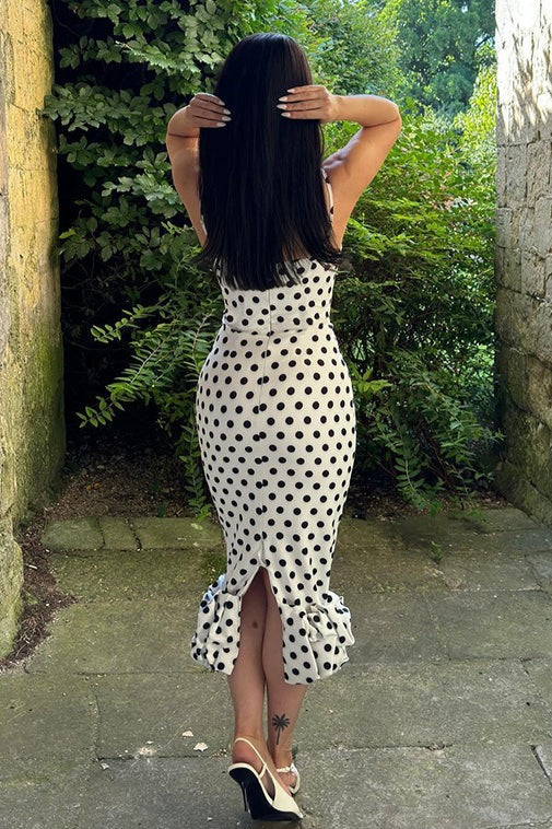 Polka Dot Cami Lace Trim Waist Tie Midi Dress