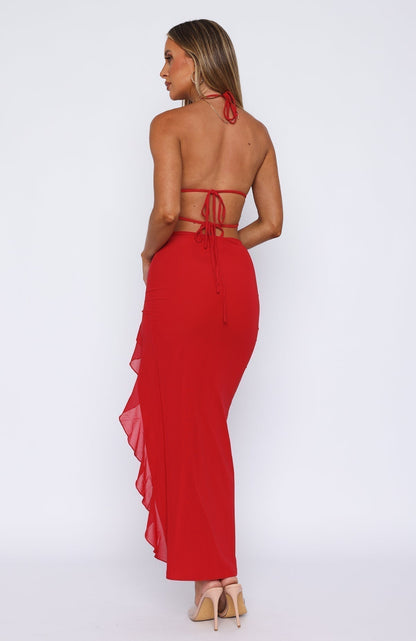 Halter Neck Keyhole Tie Front Ruffle Trim High Slit Bodycon Maxi Dress