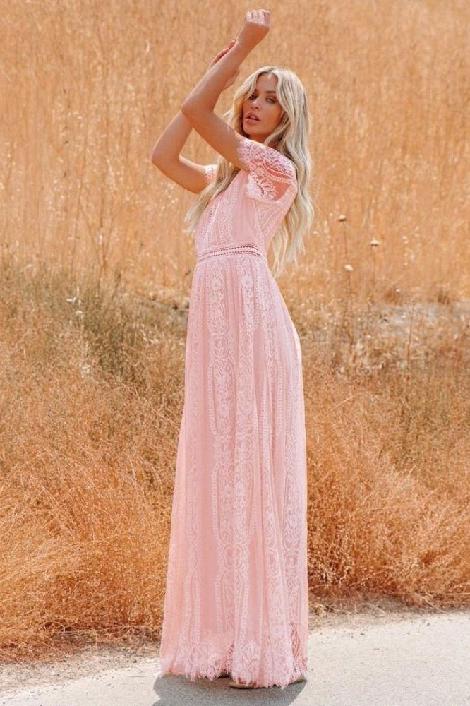 Lace V Neck Short Sleeve Hollow Out Boho Dress