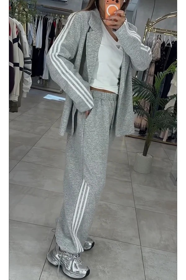 Fashionable Sporty Stripes Long Sleeve Oversized Blazer and Elastic Waist Pocket Jogger Set