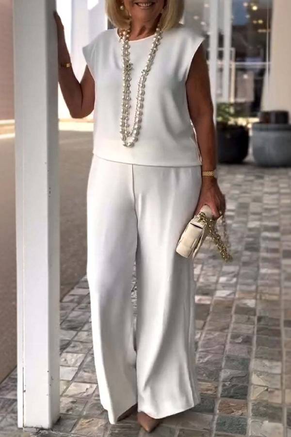 Sleeveless Round Neck Wide-Leg Pants Set