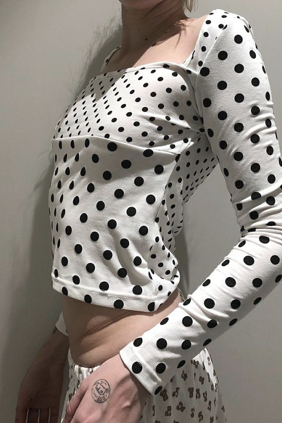 Polka Dot Contrast Trim Square Neck Crop Top