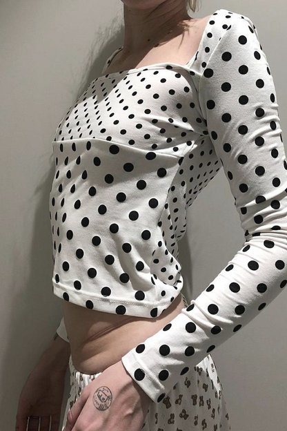 Polka Dot Contrast Trim Square Neck Crop Top