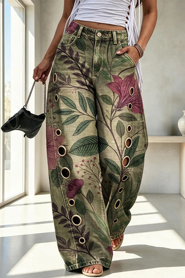 Faux Denim Unique Print Mid Rise Silver Stud Detail Pocket Barrel Pants