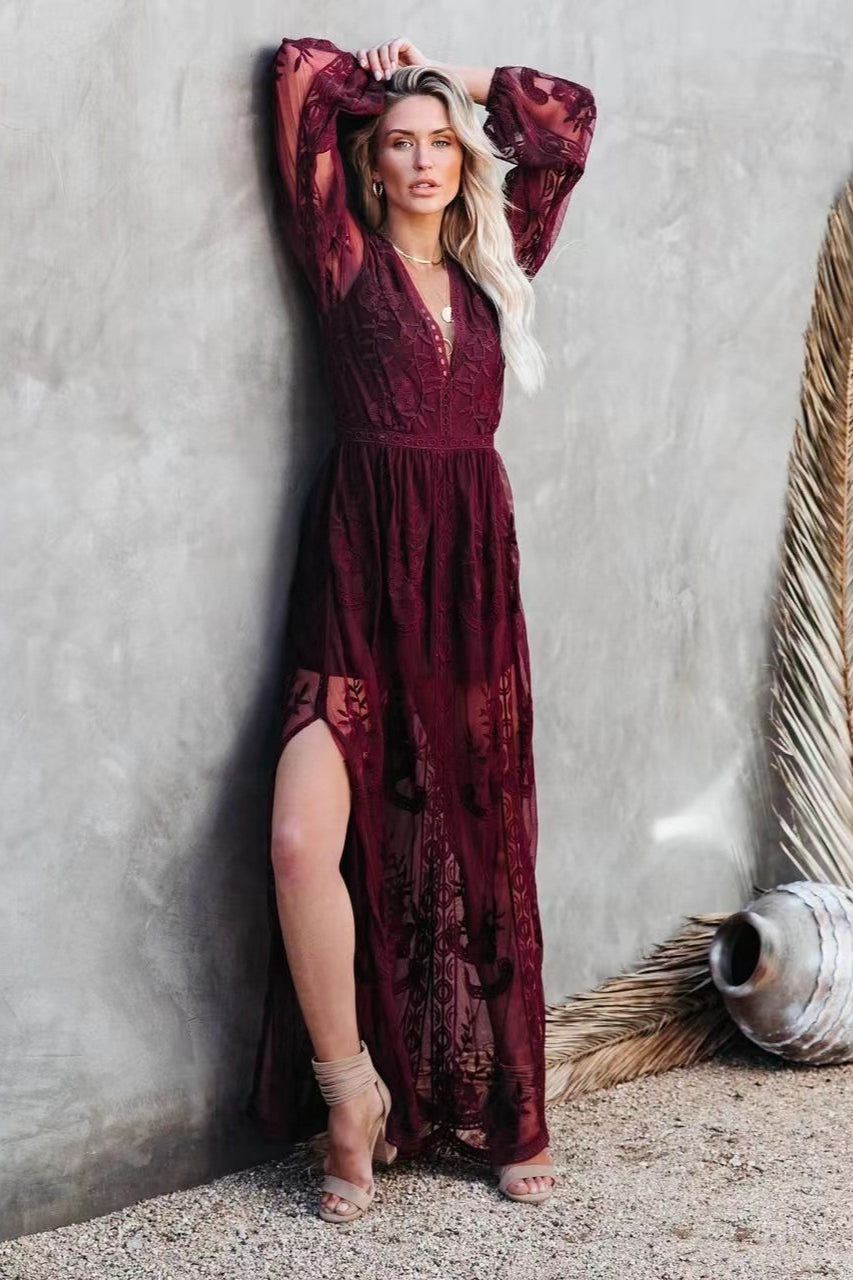 Embroidery V Neck Lace Maxi Boho Dress