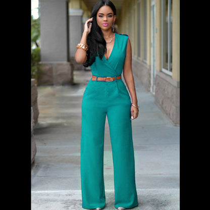 Women Clothing Sexy High Waist V neck Wide Leg Irregular Asymmetric Suit with Belt Jumpsuit
